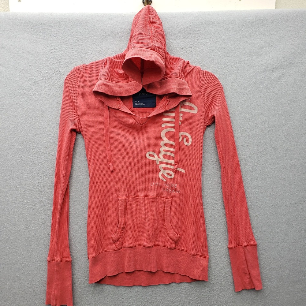 Y2K American Eagle Hooded Waffle Knit Henley Red Fitted Vampire Diaries 2000s S